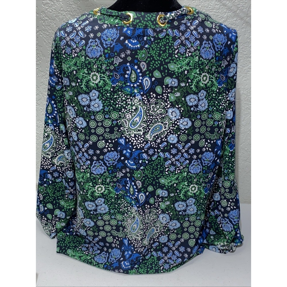 Michael Kors Womens Green Blue Paisley V-Neck Keyhole Blouse Long Sleeve Medium - Picture 3 of 5